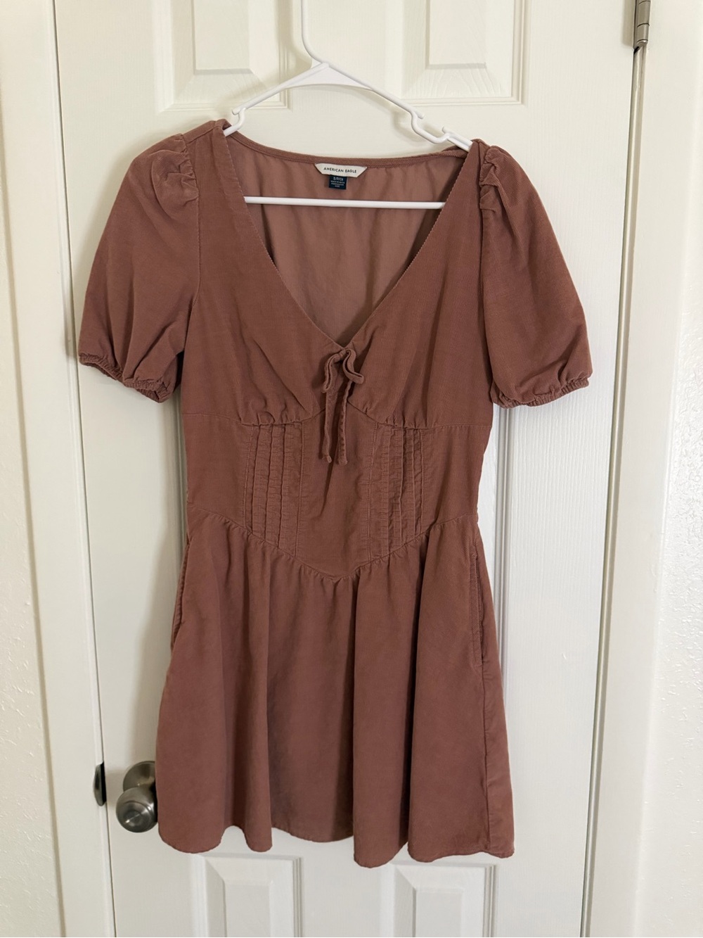 American Eagle Outfitters Rust Brown Tie-Front Puff Sleeve Mini Dress